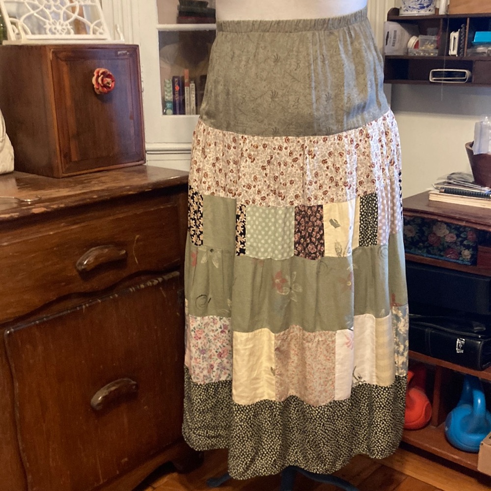 2306 90s bohemian patchwork maxi skirt, muted colors 🪷